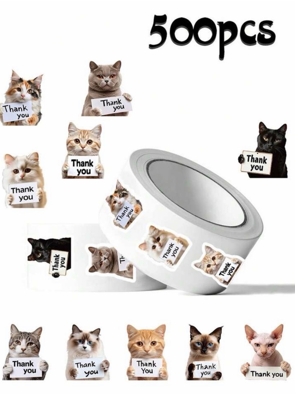 500 Cat Thank You Stickers Roll